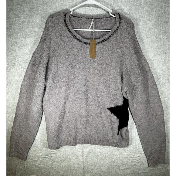 Hello Nite NWT Women’s XL Boxy Sweater Crew Gray Black Star Soft Long Sleeve - Picture 1 of 9
